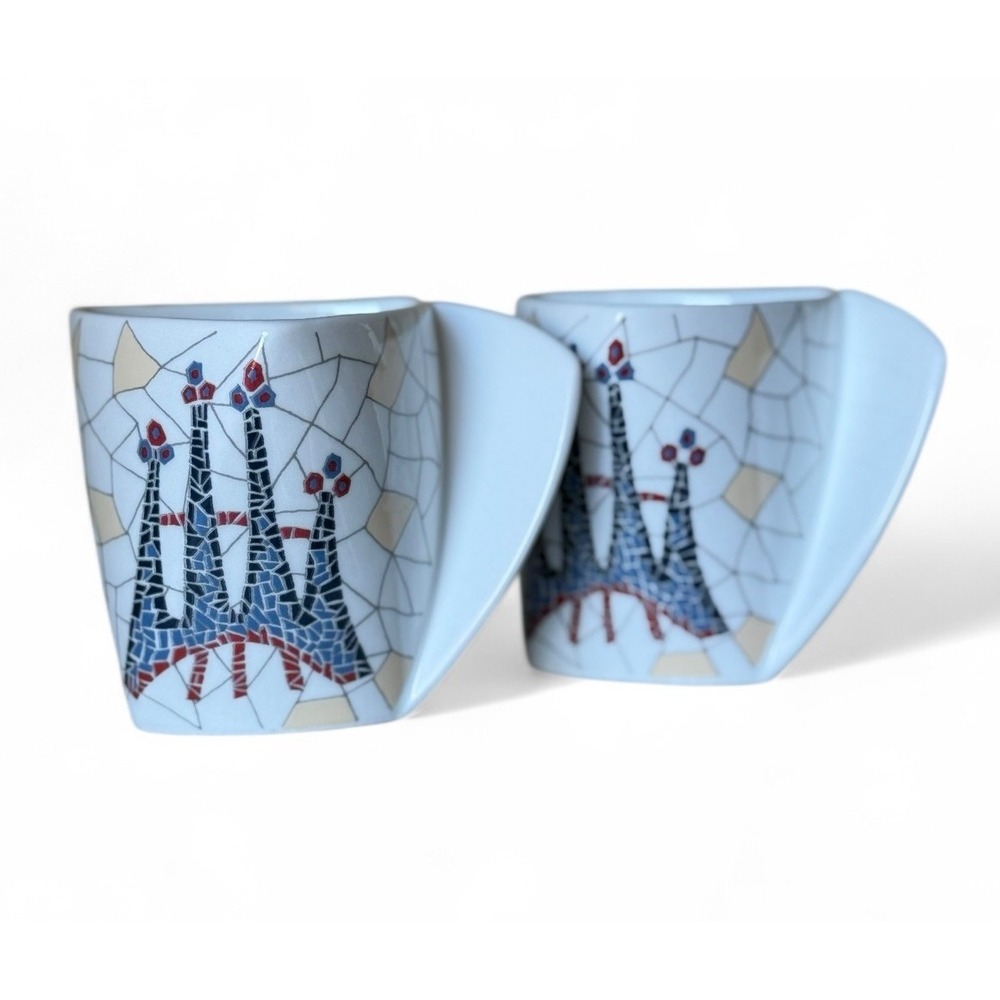 Set Of 2 Antoni Gaudi Barcelona Mugs Sagrada Familia Mosaic Triangle Shape